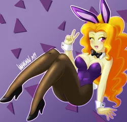 Size: 4000x3840 | Tagged: suggestive, artist:danmakuman, derpibooru import, adagio dazzle, equestria girls, rainbow rocks, abstract background, absurd resolution, bare shoulders, breasts, bunny suit, busty adagio dazzle, cleavage, clothes, cuffs (clothes), female, fishnets, high heels, leotard, looking at you, one eye closed, open mouth, pantyhose, peace sign, playboy bunny, sexy, shoes, sleeveless, smiling, solo, solo female, strapless, stupid sexy adagio dazzle, thong leotard, underass, wink
