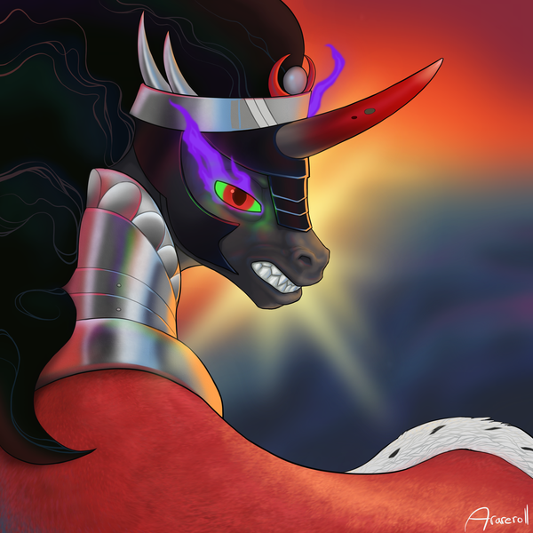 Size: 2500x2500 | Tagged: safe, artist:arareroll, derpibooru import, king sombra, pony, unicorn, looking at you, looking back, looking back at you, male, profile, solo, teeth