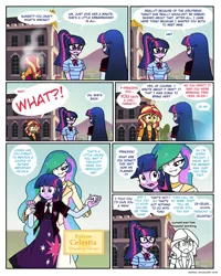 Size: 838x1046 | Tagged: safe, artist:crydius, derpibooru import, princess celestia, sci-twi, sunset shimmer, twilight sparkle, twilight sparkle (alicorn), alicorn, comic:meet the princesses, equestria girls, equestria girls series, blushing, bow, bowtie, building, canterlot high, clothes, comic, cutie mark, cutie mark clothes, day, dialogue, dress, element of generosity, element of honesty, element of kindness, element of laughter, element of loyalty, element of magic, elements of harmony, emblem, error, error message, ethereal hair, exclamation point, fail, fear, female, freakout, glasses, grass, grass field, hairpin, happy, holding, jacket, jewelry, leather, leather jacket, leather vest, lesbian, lights, mental blue screen of death, mountain, necklace, necktie, nervous, open mouth, outdoors, panic, plot twist, ponytail, portal, princess of friendship, princess of the sun, principal twilight, question mark, ribbon, royalty, school of friendship, scitwishimmer, self paradox, self ponidox, shield, shipping, shirt, shocked, skirt, sky, smiling, speech bubble, student, sunsetsparkle, sweat, sweating profusely, symbol, t-shirt, talking, teacher, teacher and student, teeth, text, tree, trollestia, trollestia in training, twilestia, twolight, wall of tags, what a twist, window, x.exe stopped working, yelling