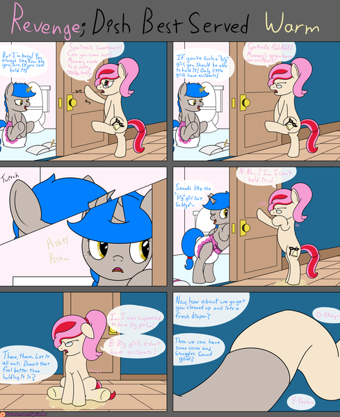 Size: 2850x3500 | Tagged: questionable, artist:spritepony, derpibooru import, oc, oc:sprite, oc:understudy, unofficial characters only, pony, abdl, accident, adult foal, bathroom, bathroom denial, comic, crayon, crying, desperation, diaper, diaper fetish, fetish, hallway, holding hooves, levitation, magic, need to pee, oc x oc, omorashi, onomatopoeia, patreon, patreon link, patreon logo, pissing, pleading, poofy diaper, potty emergency, potty time, shipping, speech, speech bubble, sprite's ponyville house, talking, telekinesis, this will end in diapers, urine, wetting