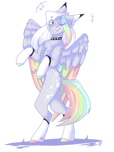 Size: 768x1024 | Tagged: safe, artist:akiiichaos, derpibooru import, oc, oc:cupid, pegasus, pony, bipedal, choker, colored wings, male, multicolored wings, one eye closed, solo, spiked choker, stallion, wings, wink