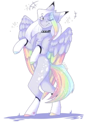 Size: 768x1024 | Tagged: safe, artist:akiiichaos, derpibooru import, oc, oc:cupid, pegasus, pony, bipedal, choker, colored wings, male, multicolored wings, one eye closed, solo, spiked choker, stallion, wings, wink