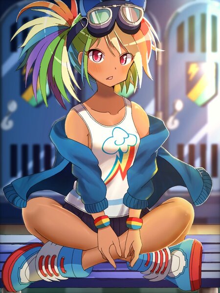 Size: 768x1024 | Tagged: safe, artist:erufi, derpibooru import, kotobukiya, rainbow dash, human, anime, clothes, cute, dark skin, dashabetes, humanized, jacket, kotobukiya rainbow dash, locker room, lockers, shoes, shorts, solo, tanktop, wristband