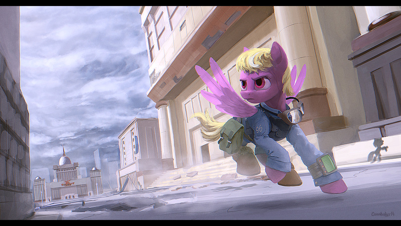 Size: 1600x900 | Tagged: safe, artist:cannibalus, derpibooru import, oc, unofficial characters only, pegasus, pony, fallout equestria, fallout equestria: the fossil, action pose, bag, city, clothes, fanfic art, female, goggles, mare, pipbuck, realistic, saddle bag, solo