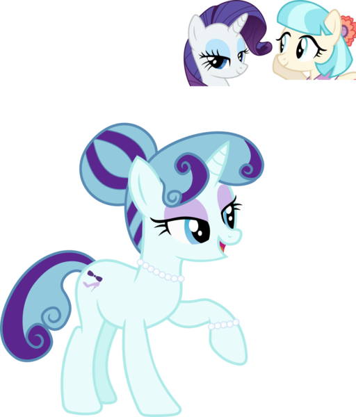 Size: 1034x1211 | Tagged: safe, artist:littlejurnalina, derpibooru import, coco pommel, rarity, oc, pony, unicorn, bracelet, female, jewelry, lesbian, magical lesbian spawn, mare, marshmallow coco, necklace, offspring, parent:coco pommel, parent:rarity, parents:marshmallow coco, pearl necklace, raised hoof, screencap reference, shipping