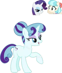 Size: 1034x1211 | Tagged: safe, artist:littlejurnalina, derpibooru import, coco pommel, rarity, oc, pony, unicorn, bracelet, female, jewelry, lesbian, magical lesbian spawn, mare, marshmallow coco, necklace, offspring, parent:coco pommel, parent:rarity, parents:marshmallow coco, pearl necklace, raised hoof, screencap reference, shipping
