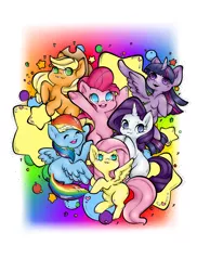 Size: 1024x1409 | Tagged: safe, artist:kittykatkay, derpibooru import, applejack, fluttershy, pinkie pie, rainbow dash, rarity, twilight sparkle, twilight sparkle (alicorn), alicorn, earth pony, pegasus, pony, unicorn, balloon, blushing, chibi, cowboy hat, cute, dashabetes, diapinkes, eye clipping through hair, eyes closed, female, hat, heart, jackabetes, mane six, mare, no pupils, open mouth, raribetes, shyabetes, stars, twiabetes