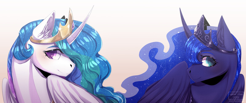 Size: 1280x536 | Tagged: safe, artist:lunnar-chan, derpibooru import, princess celestia, princess luna, alicorn, pony, bust, colored pupils, crown, cute, cutelestia, duo, ear fluff, ethereal mane, female, horn, jewelry, lunabetes, mare, portrait, profile, regalia, royal sisters, siblings, sisters, starry mane, tiara