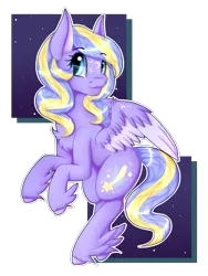 Size: 1500x1996 | Tagged: safe, artist:song-star, derpibooru import, oc, oc:shooting star, unofficial characters only, pegasus, pony, art trade, chest fluff, cute, female, mare, ocbetes, solo, two toned wings, unshorn fetlocks, wing fluff, wings