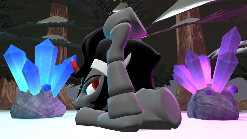 Size: 4000x2250 | Tagged: safe, artist:ghost reviews, deleted from derpibooru, derpibooru import, king sombra, pony, unicorn, 3d, blue, crystal, divided, glow, glowing gems, half, king, looking at self, looking at something, lying down, male, modular, not salmon, purple, sitting, sitting on head, sitting on self, snow, solo, source filmmaker, that pony sure does love crystals, time out, toy anatomy, toy logic, toy physics, tree, wat, winter