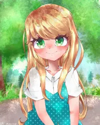 Size: 1024x1280 | Tagged: safe, artist:naginiko, derpibooru import, applejack, human, blushing, colored pupils, cute, eyebrows visible through hair, female, heart eyes, humanized, jackabetes, looking at you, missing accessory, solo, wingding eyes