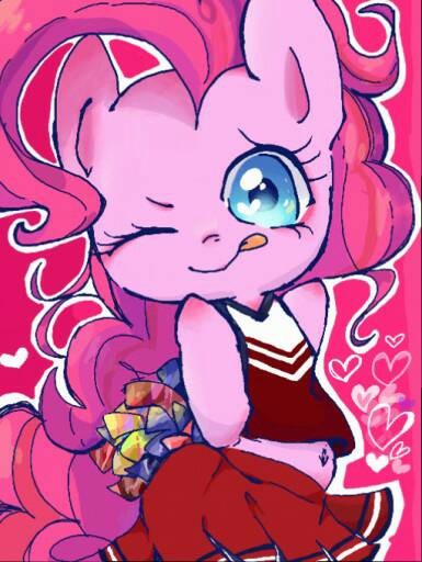 Size: 385x512 | Tagged: safe, artist:naginiko, derpibooru import, pinkie pie, pony, belly button, cheerleader pinkie, clothes, cute, diapinkes, heart, heart eyes, midriff, miniskirt, moe, one eye closed, pink background, pleated skirt, pom pom, simple background, skirt, solo, tongue out, weapons-grade cute, wingding eyes, wink