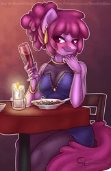 Size: 990x1530 | Tagged: alcohol, anthro, artist:bumblebun, berry punch, berryshine, blushing, chair, clothes, derpibooru import, female, food, glass, plate, safe, sitting, solo, spoon, table, wine