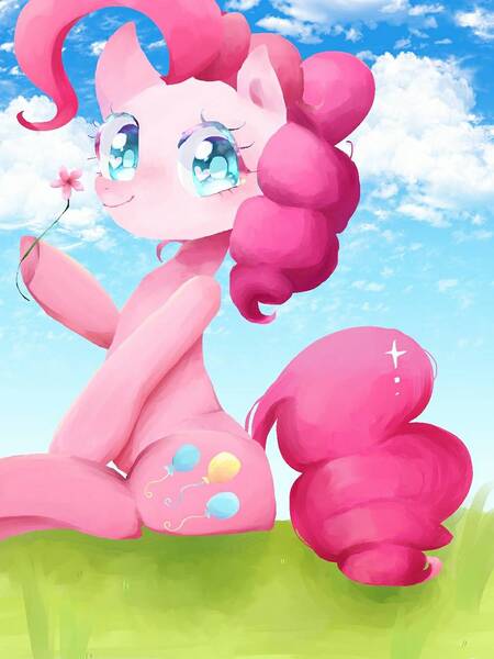 Size: 960x1280 | Tagged: safe, artist:naginiko, derpibooru import, pinkie pie, earth pony, pony, cloud, colored pupils, cute, diapinkes, female, flower, heart eyes, hoof hold, mare, sitting, solo, wingding eyes