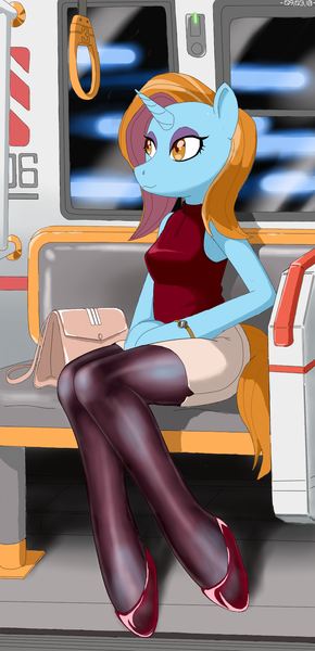 Size: 900x1860 | Tagged: anthro, artist:vinilyart, bare shoulders, beautiful, clothes, cute, derpibooru import, food, legs, miniskirt, pantyhose, purse, safe, sassybetes, sassy saddles, shoes, side slit, sitting, skirt, sleeveless, solo, subway, unguligrade anthro