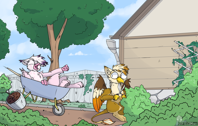 Size: 8000x5120 | Tagged: safe, artist:difis, derpibooru import, oc, oc:ember burd, oc:rosa, unofficial characters only, gryphon, absurd resolution, beak, colored wings, duo, eared griffon, garden, gradient wings, griffon oc, hedge clippers, house, motion lines, multicolored wings, on back, open beak, open mouth, paw pads, paws, shears, sitting, talons, this will end in pain, wheelbarrow, wings