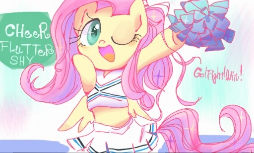 Size: 512x308 | Tagged: safe, artist:naginiko, derpibooru import, fluttershy, pony, cheerleader, cheerleader fluttershy, clothes, cute, hoof hold, midriff, one eye closed, open mouth, pixiv, pleated skirt, pom pom, shyabetes, skirt, solo, wink