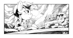 Size: 2550x1350 | Tagged: safe, artist:hobbes-maxwell, derpibooru import, oc, oc:littlepip, unofficial characters only, earth pony, pony, unicorn, fallout equestria, fallout equestria illustrated, fanfic, arbu, black and white, clothes, cloud, cloudy, ear fluff, fanfic art, female, floppy ears, grayscale, hooves, horn, mare, monochrome, pipbuck, spoon, stew, vault suit