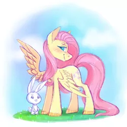 Size: 1024x1024 | Tagged: safe, artist:pinipy, derpibooru import, angel bunny, fluttershy, pegasus, pony, rabbit, animal, blushing, colored pupils, cute, female, gradient background, grass, lidded eyes, looking at you, mare, shading, shyabetes, simple, sketchy, smiling, spread wings, wings