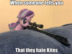 Size: 2048x1536 | Tagged: safe, derpibooru import, edit, starlight glimmer, pony, ar15, caption, exploitable meme, gun, image macro, irl, kite, meme, photo, plushie, snipelight glimmer, text, that pony sure does love kites, this will end in communism, weapon