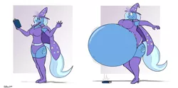 Size: 1280x633 | Tagged: suggestive, artist:th0mas, derpibooru import, trixie, anthro, unicorn, belly, belly button, belly expansion, big belly, book, breasts, female, growth, huge belly, impossibly large belly, inflation, magic, magic inflation, mare, simple background, solo, solo female, wardrobe malfunction