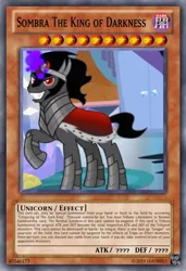 Size: 418x610 | Tagged: safe, derpibooru import, edit, edited screencap, screencap, king sombra, pony, unicorn, season 9, the beginning of the end, spoiler:s09, 2019, ccg, dark magic, magic, male, raised hoof, stallion, trading card, trading card edit, yu-gi-oh!