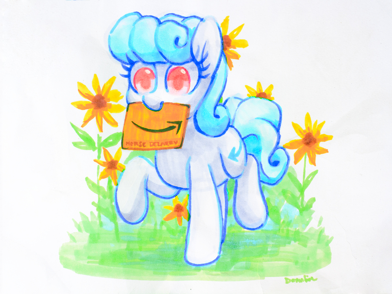 Size: 2048x1536 | Tagged: safe, artist:dawnfire, derpibooru import, oc, oc:packing peanuts, unofficial characters only, pony, amazon.com, blue mane, flower, package, packing peanuts, pink eyes, raised hoof, raised leg, simple background, sunflower, traditional art, white coat
