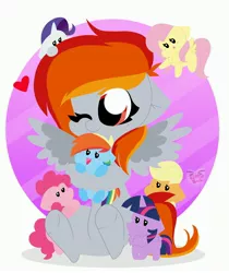 Size: 3384x4032 | Tagged: safe, artist:kittyrosie, derpibooru import, applejack, fluttershy, pinkie pie, rainbow dash, rarity, twilight sparkle, twilight sparkle (alicorn), oc, oc:tridashie, alicorn, pony, chest fluff, chibi, cute, female, hug, mane six, mare, ocbetes, smiling