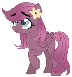 Size: 1280x1365 | Tagged: safe, artist:crumble-dumble, derpibooru import, oc, unofficial characters only, pegasus, pony, cute, eyebrows, female, flower, flower in hair, mare, offspring, parent:big macintosh, parent:marble pie, parents:marblemac, raised hoof, simple background, solo, transparent background