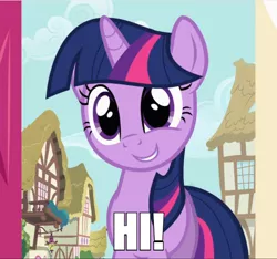 Size: 600x562 | Tagged: safe, derpibooru import, edit, edited screencap, screencap, twilight sparkle, pony, unicorn, baby cakes, bronybait, caption, cropped, cute, female, image macro, impact font, mare, ponyville, smiling, solo, text, twiabetes, unicorn twilight