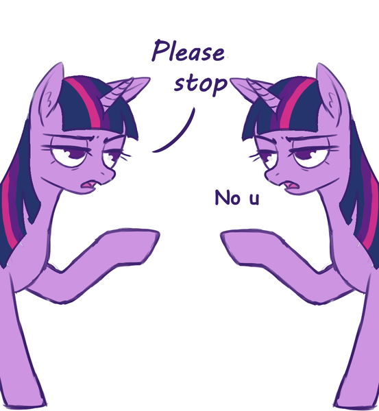 Size: 1007x1093 | Tagged: safe, anonymous artist, derpibooru import, edit, twilight sparkle, pony, dialogue, ear fluff, female, lidded eyes, looking at each other, mare, no u, open mouth, raised hoof, self ponidox, simple background, white background