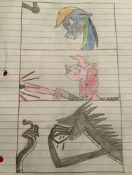Size: 2448x3264 | Tagged: grimdark, artist:bendy and the little ponies, artist:rainbow dash is best pony, derpibooru import, pinkie pie, rainbow dash, pony, comic:the six-winged serpent, fanfic:cupcakes, fanfic:rainbow factory, blood, dead, lined paper, pegasus device, pencil outline, pencil shading, rainbow factory dash, six winged serpent, traditional art