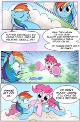Size: 1800x2740 | Tagged: safe, artist:candyclumsy, artist:multi-commer, derpibooru import, pinkie pie, rainbow dash, earth pony, pegasus, pony, comic:the great big fusion, comic, confused, crash, flying, fusion, huggies, pony cannonball, xk-class end-of-the-world scenario
