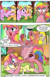 Size: 1800x2740 | Tagged: safe, artist:candyclumsy, artist:multi-commer, derpibooru import, applejack, fluttershy, pinkie pie, rainbow dash, oc, hybrid, pegasus, pony, comic:the great big fusion, bowler hat, comic, cowboy hat, fusion, fusion:rainbow cupcake, fusion:zap apple cake, hair bun, hat, merge, merging, shocked, stetson, surprised, wtf, xk-class end-of-the-world scenario