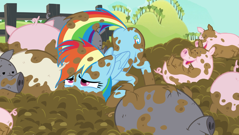 Size: 1906x1076 | Tagged: suggestive, alternate version, artist:blargsnarf, derpibooru import, edit, rainbow dash, pegasus, pig, pony, animal, cloven hooves, crash, face down ass up, faceplant, female, mare, mud, pig pen, pigsty, rainbow crash