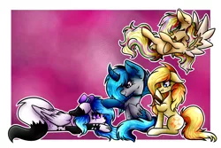 Size: 1750x1169 | Tagged: safe, artist:xxmelody-scribblexx, derpibooru import, oc, oc:lunar void, oc:melody scribble, oc:roxy, oc:vera, unofficial characters only, alicorn, pegasus, pony, curved horn, female, horn, mare