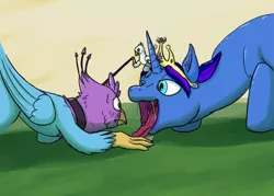 Size: 4133x2952 | Tagged: suggestive, artist:gyrotech, artist:theandymac, color edit, deleted from derpibooru, derpibooru import, edit, oc, oc:der, oc:gyro feather, oc:gyro tech, unofficial characters only, alicorn, gryphon, pony, collar, colored, fetish, griffonized, imminent vore, leash, micro, pet, pet play, species swap