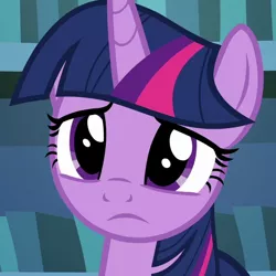 Size: 580x580 | Tagged: safe, derpibooru import, screencap, twilight sparkle, twilight sparkle (alicorn), alicorn, pony, a rockhoof and a hard place, bookcase, bust, cropped, cute, female, frown, lidded eyes, looking at you, mare, sad, sadorable, solo, twiabetes