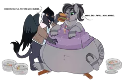 Size: 1276x822 | Tagged: suggestive, artist:lulubell, derpibooru import, oc, oc:eerie, oc:shayle, unofficial characters only, gryphon, zebra, belly, belly button, big belly, clothes, dialogue, fat, feedee, feeder, feeding, furniture abuse, griffon oc, morbidly obese, obese, plates, ripped dress, simple background, slob, squishy, stuffed, stuffing, torn clothes, transparent background, underhoof, zebra oc