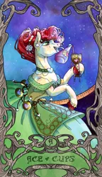 Size: 2088x3619 | Tagged: safe, artist:sourcherry, derpibooru import, oc, crystal pony, pony, clothes, crystal pony oc, cup, dress, female, heart, jewelry, mane, mare, overflowing, potion, potions, solo, tarot, tarot card
