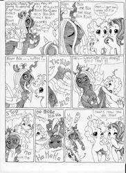 Size: 1700x2338 | Tagged: safe, artist:darknessa-desu, derpibooru import, pinkie pie, queen chrysalis, starlight glimmer, oc, oc:fluffle puff, pony, anime, anime eyes, blah blah blah, comedy, comic, crying, dialogue, eyes closed, funny, funny as hell, giggling happily, impending doom, laughing, make it stop, monochrome, monologue, one eye closed, pinkie logic, prepare to die, ranting, speech bubble, swirly eyes, talking, tears of laughter, tickle torture, tickling, wink