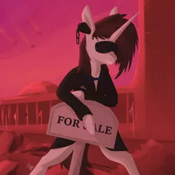 Size: 1000x1000 | Tagged: semi-grimdark, artist:phi, derpibooru import, oc, oc:flake, ponified, unofficial characters only, pony, semi-anthro, unicorn, aircraft, bipedal, blindfold, clothes, ear plugs, grin, megadeth, ponified album cover, sign, smiling, solo, standing, suit, united nations