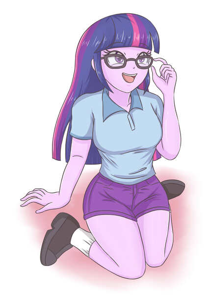 Size: 2480x3425 | Tagged: safe, artist:sumin6301, derpibooru import, twilight sparkle, twilight sparkle (alicorn), alicorn, equestria girls, clothes, female, glasses, i can't believe it's not sci-twi, open mouth, shirt, shoes, shorts, socks, solo, twilight's professional glasses