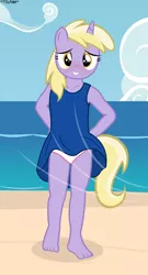 Size: 1224x2261 | Tagged: anthro, artist:tolpain, barefoot, beach, blushing, clothes, cute, derpibooru import, dinky hooves, dress, feet, legs, looking at you, panties, plantigrade anthro, polka dot underwear, skirt, solo, suggestive, underwear, upskirt, wind, windy