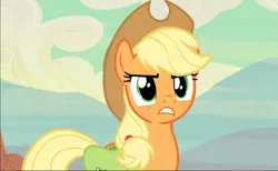 Size: 1529x939 | Tagged: safe, derpibooru import, screencap, applejack, earth pony, pony, the last roundup, applejack is not amused, bag, cropped, female, mare, saddle bag, solo, unamused