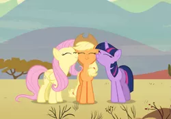 Size: 1113x774 | Tagged: safe, derpibooru import, screencap, applejack, fluttershy, twilight sparkle, earth pony, pegasus, pony, unicorn, the last roundup, cropped, cute, eyes closed, female, jackabetes, mare, nuzzling, shyabetes, smiling, trio, twiabetes, unicorn twilight