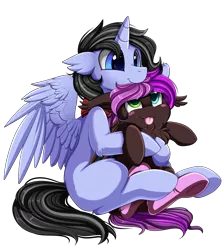 Size: 2285x2560 | Tagged: safe, artist:pridark, derpibooru import, oc, unofficial characters only, pegasus, pony, unicorn, :p, blush sticker, blushing, chest fluff, commission, female, hug, male, mare, silly, simple background, sitting, smiling, stallion, tongue out, transparent background