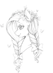 Size: 2550x3507 | Tagged: safe, artist:longinius, derpibooru import, fluttershy, butterfly, pony, alternate hairstyle, bow, braid, bust, female, flower, flower in hair, grayscale, hair ornament, jewelry, lidded eyes, mare, monochrome, portrait, profile, smiling, solo