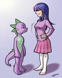 Size: 5511x6889 | Tagged: safe, artist:garam, derpibooru import, spike, twilight sparkle, dragon, human, absurd resolution, alternate hairstyle, breasts, busty twilight sparkle, clothed female nude male, clothes, duo, eyes on the prize, female, humanized, looking at each other, male, pleated skirt, shipping, short hair, skirt, smiling, smug, smuglight sparkle, socks, straight, twispike, young