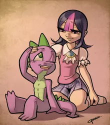 Size: 4987x5663 | Tagged: safe, artist:garam, derpibooru import, spike, twilight sparkle, dragon, human, absurd resolution, alternate hairstyle, caress, clothed female nude male, clothes, cute, duo, female, humanized, looking at each other, male, one eye closed, photo, pleated skirt, shipping, short hair, skirt, smiling, socks, straight, twispike, young